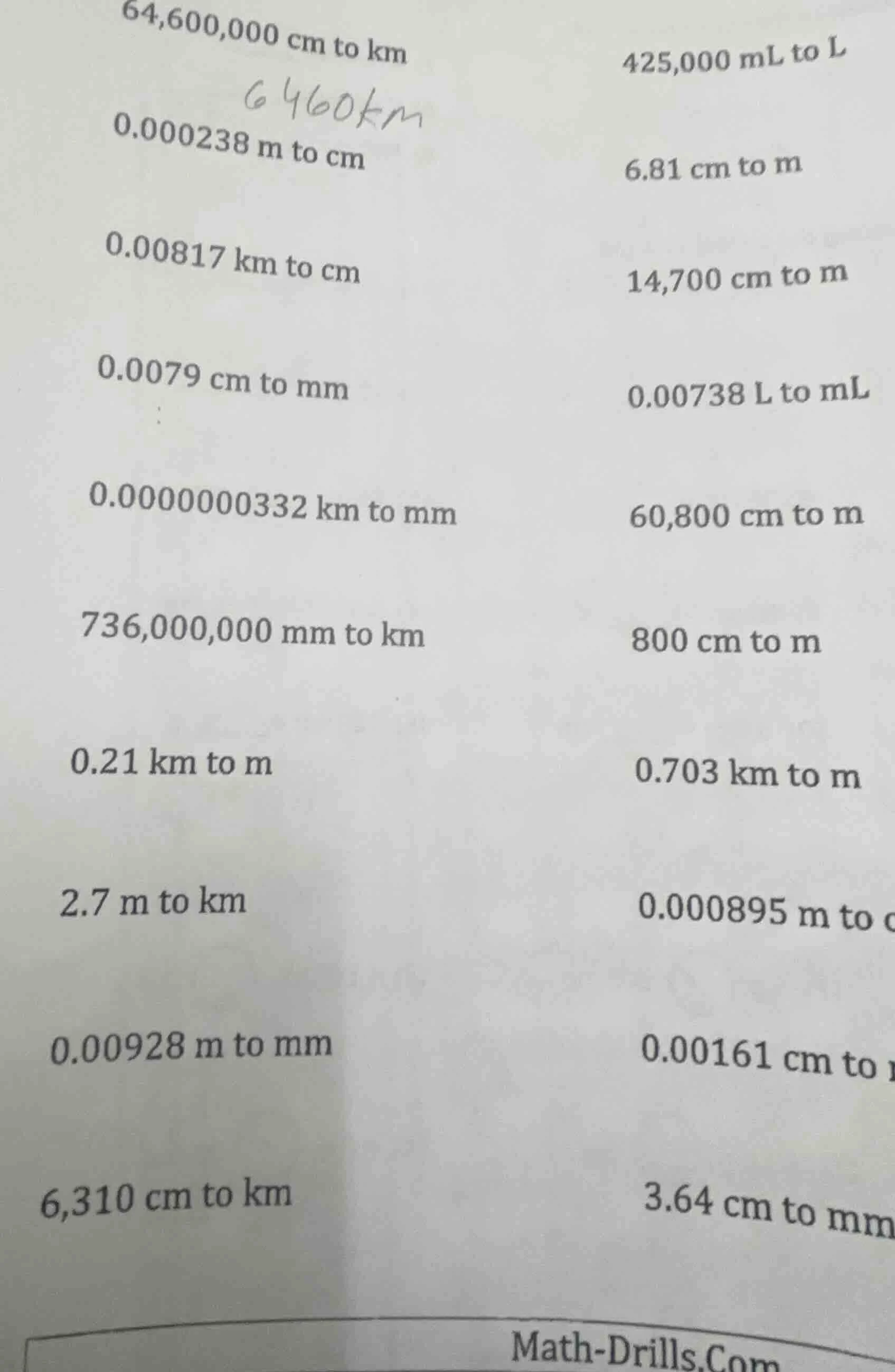64,600,000 cm to km 425,000 ml to l 0.000238 m to cm 6.81 cm to m 0.008…