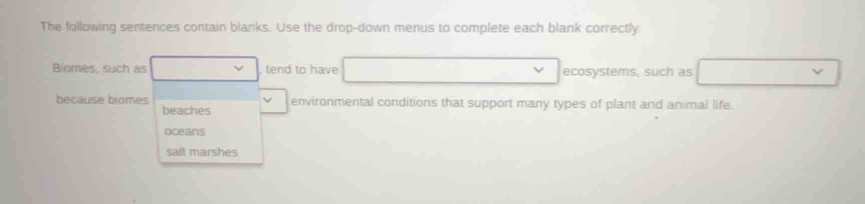 the following sentences contain blanks. use the drop - down menus to co…