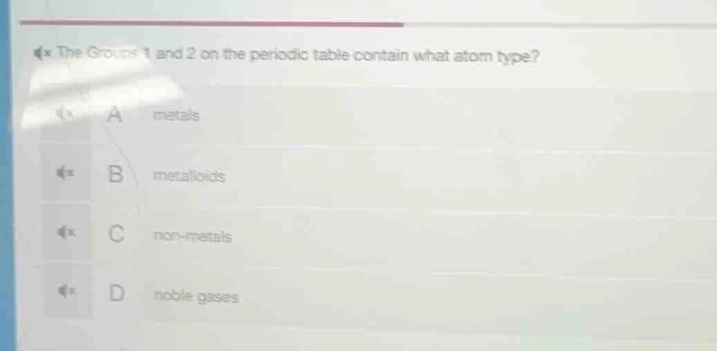 the groups 1 and 2 on the periodic table contain what atom type? a meta…