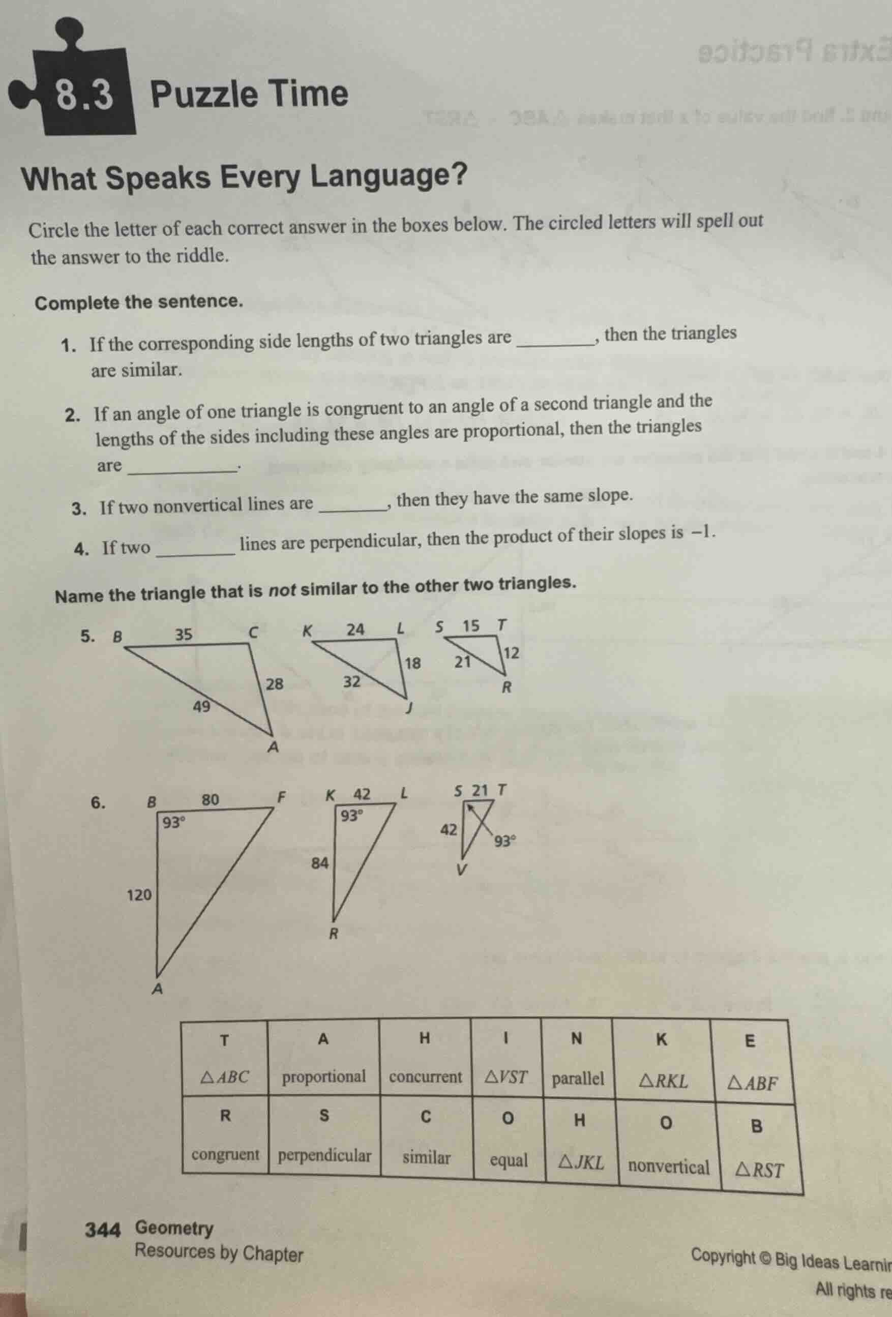 8.3 puzzle time what speaks every language? circle the letter of each c…