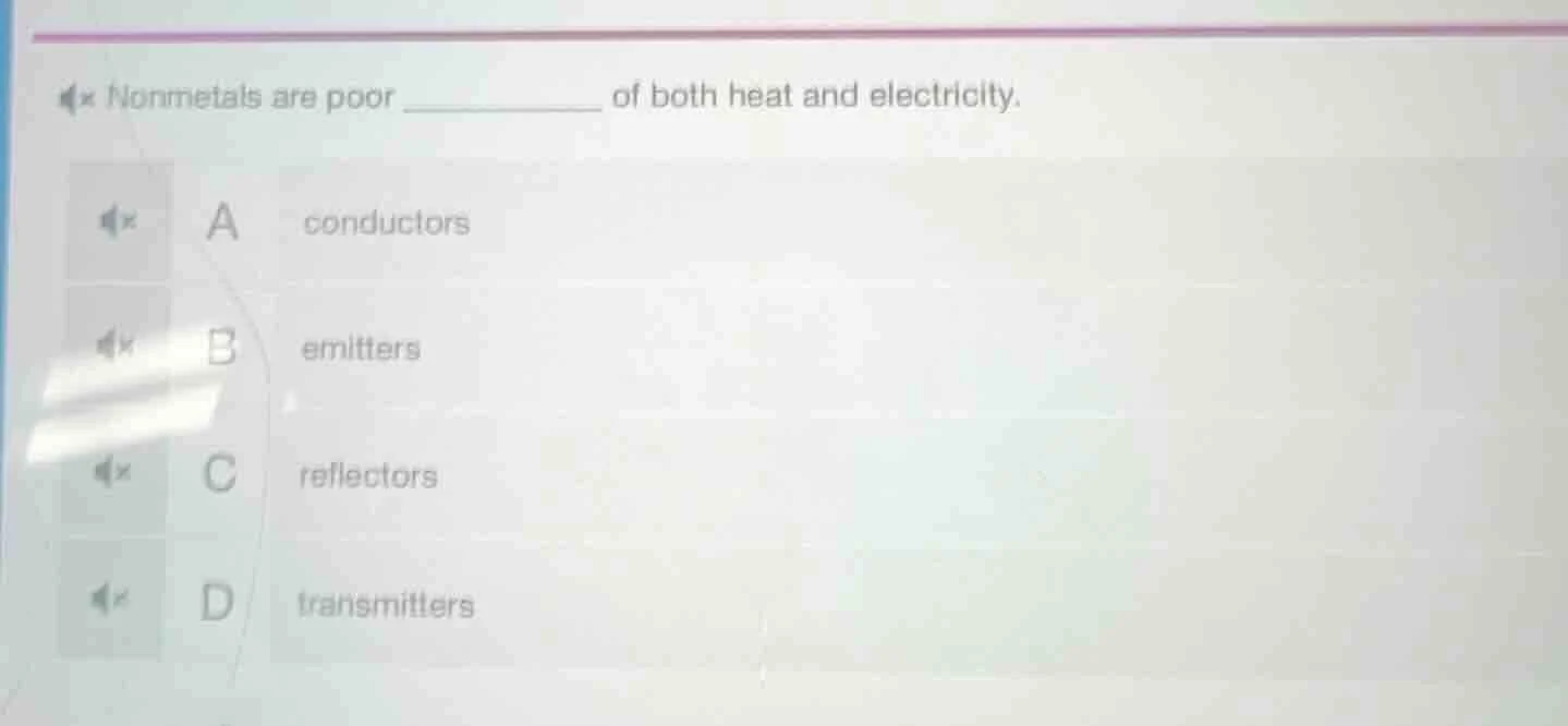 nonmetals are poor ________ of both heat and electricity. a conductors …