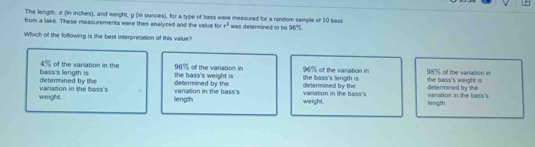 the length, ( x ) (in inches), and weight, ( y ) (in ounces), for a typ…