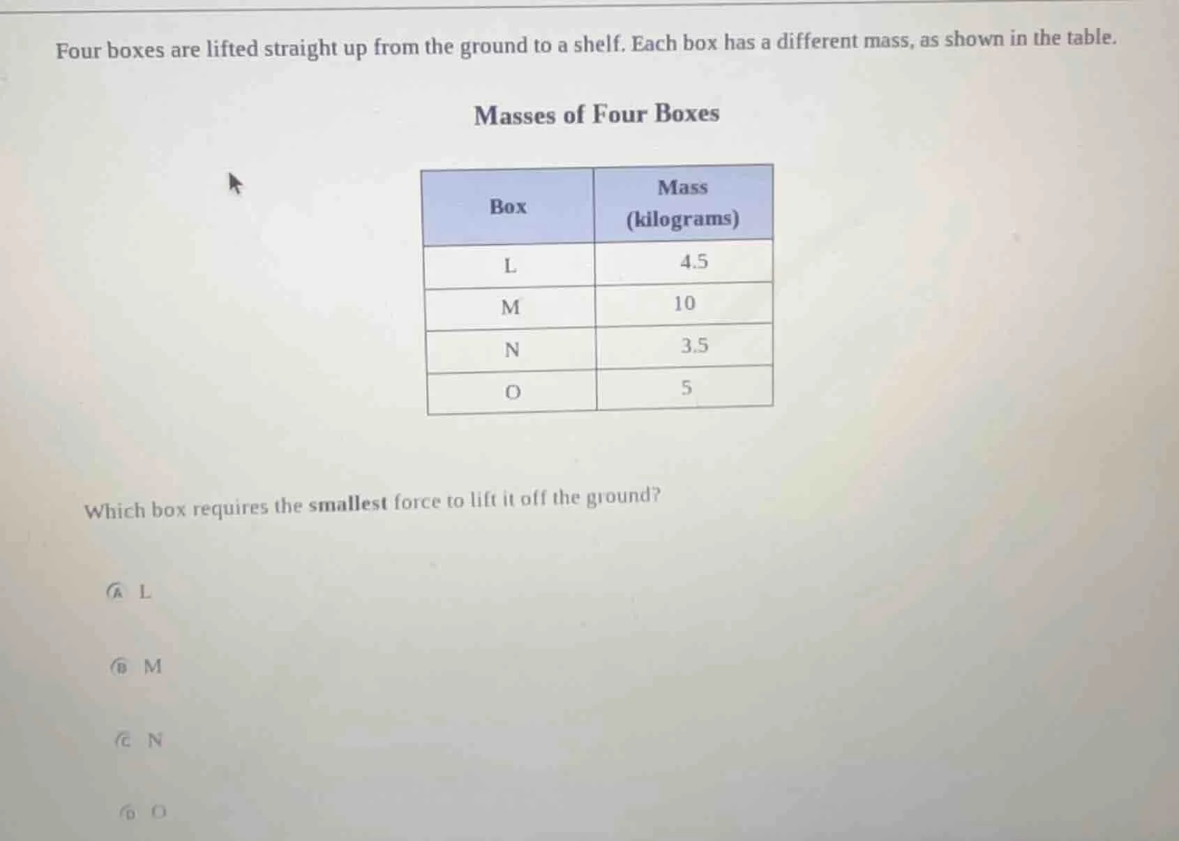 four boxes are lifted straight up from the ground to a shelf. each box …