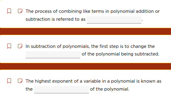 the process of combining like terms in polynomial addition or subtracti…