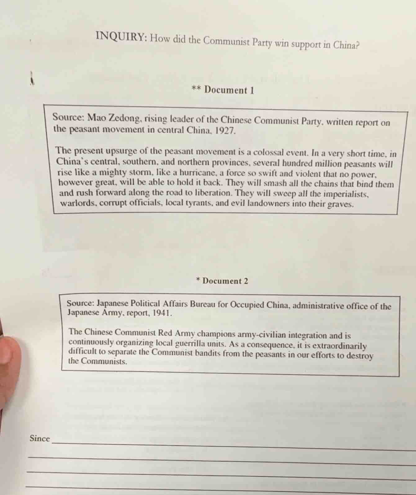 inquiry: how did the communist party win support in china? ** document …