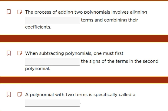 the process of adding two polynomials involves aligning __________ term…