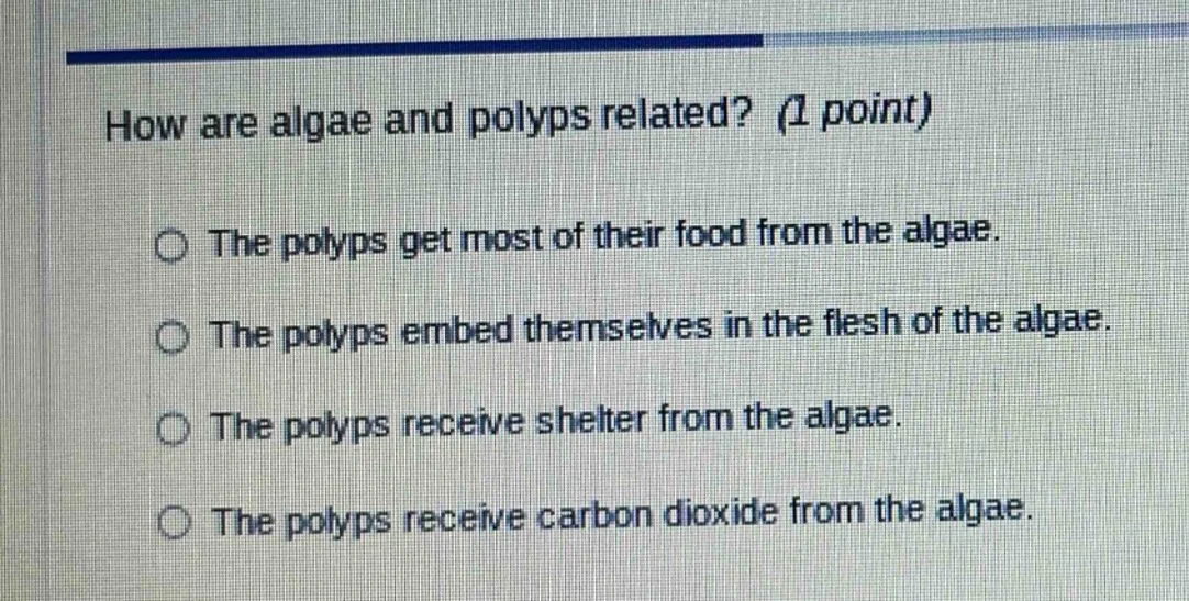 how are algae and polyps related? (1 point) the polyps get most of thei…