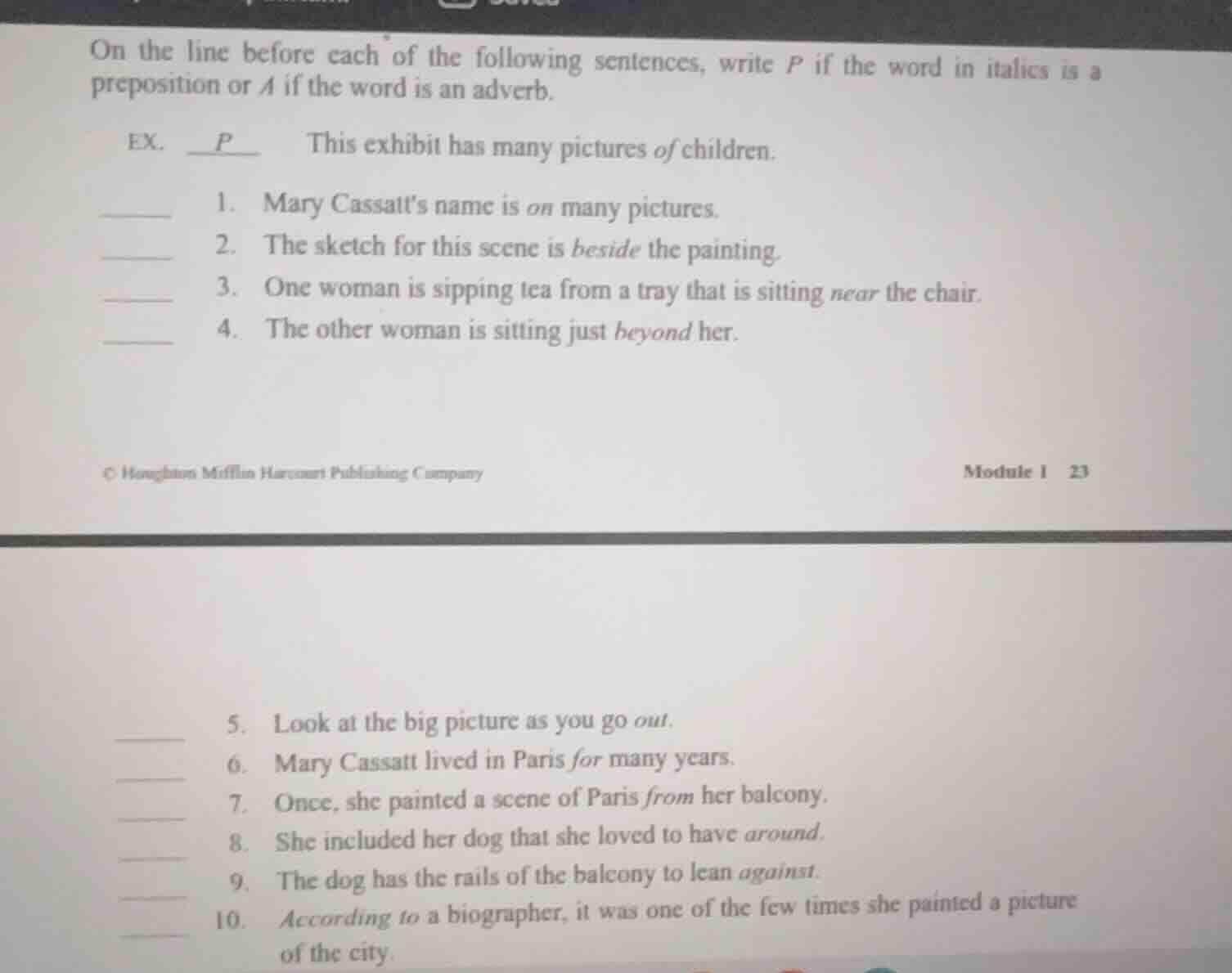 on the line before each of the following sentences, write p if the word…
