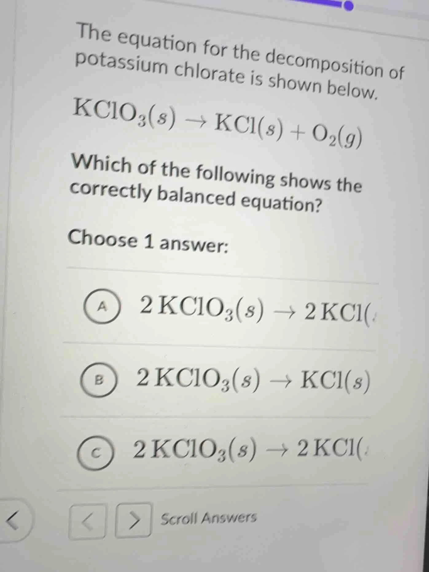 the equation for the decomposition of potassium chlorate is shown below…