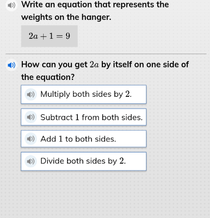 write an equation that represents the weights on the hanger. 2a + 1 = 9…