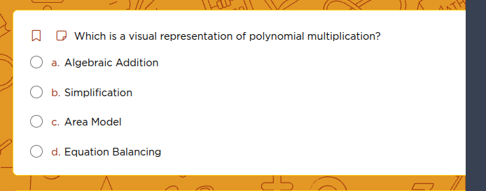 which is a visual representation of polynomial multiplication? a. algeb…