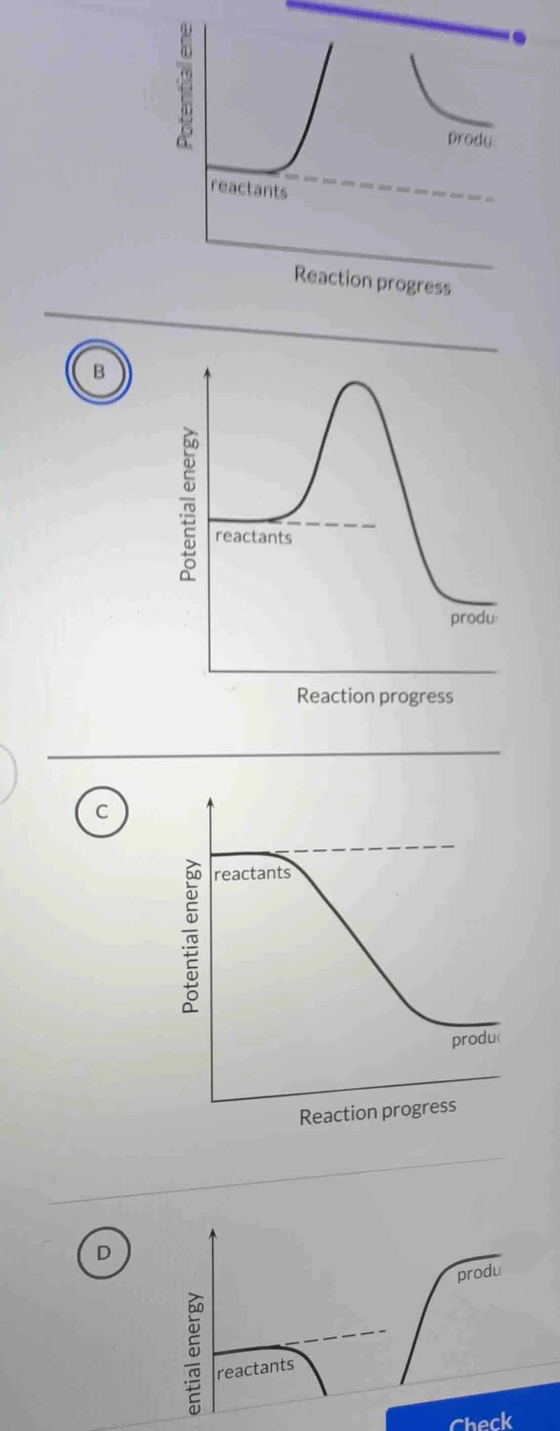 （此处省略图像相关内容，仅保留选项相关文字：选项b、c、d，以及反应进程与势能的图像相关描述，如reactants、produ、reactio…