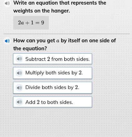 write an equation that represents the weights on the hanger. 2a + 1 = 9…