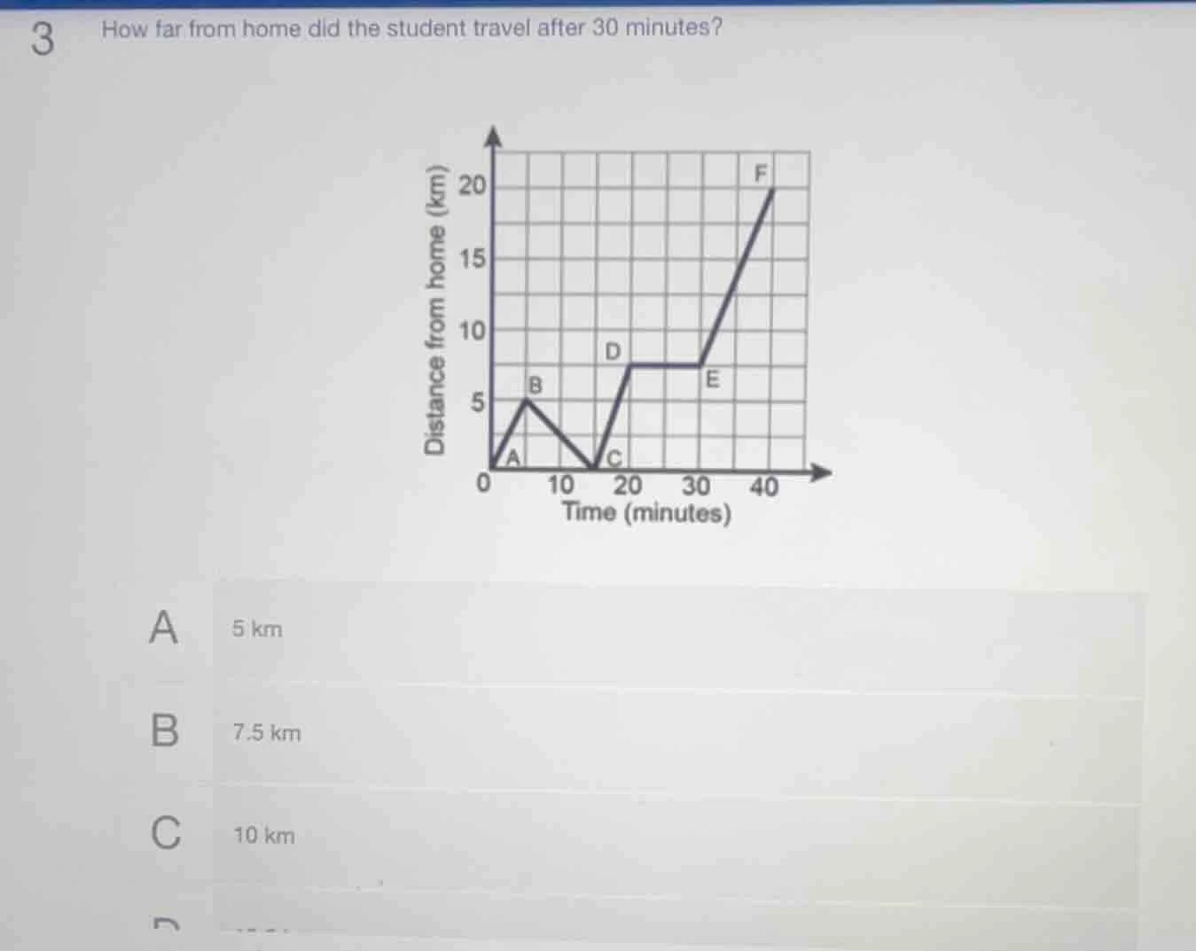 3 how far from home did the student travel after 30 minutes? a 5 km b 7…