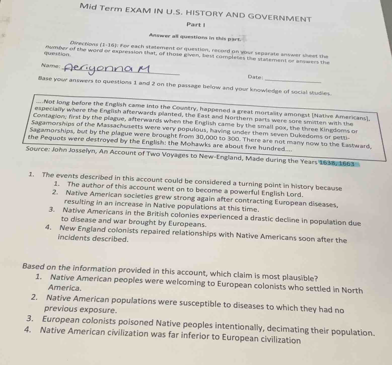 mid term exam in u.s. history and government part i answer all question…