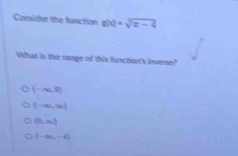 consider the function $g(x) = \\sqrt3{x - 4}$ what is the range of this…