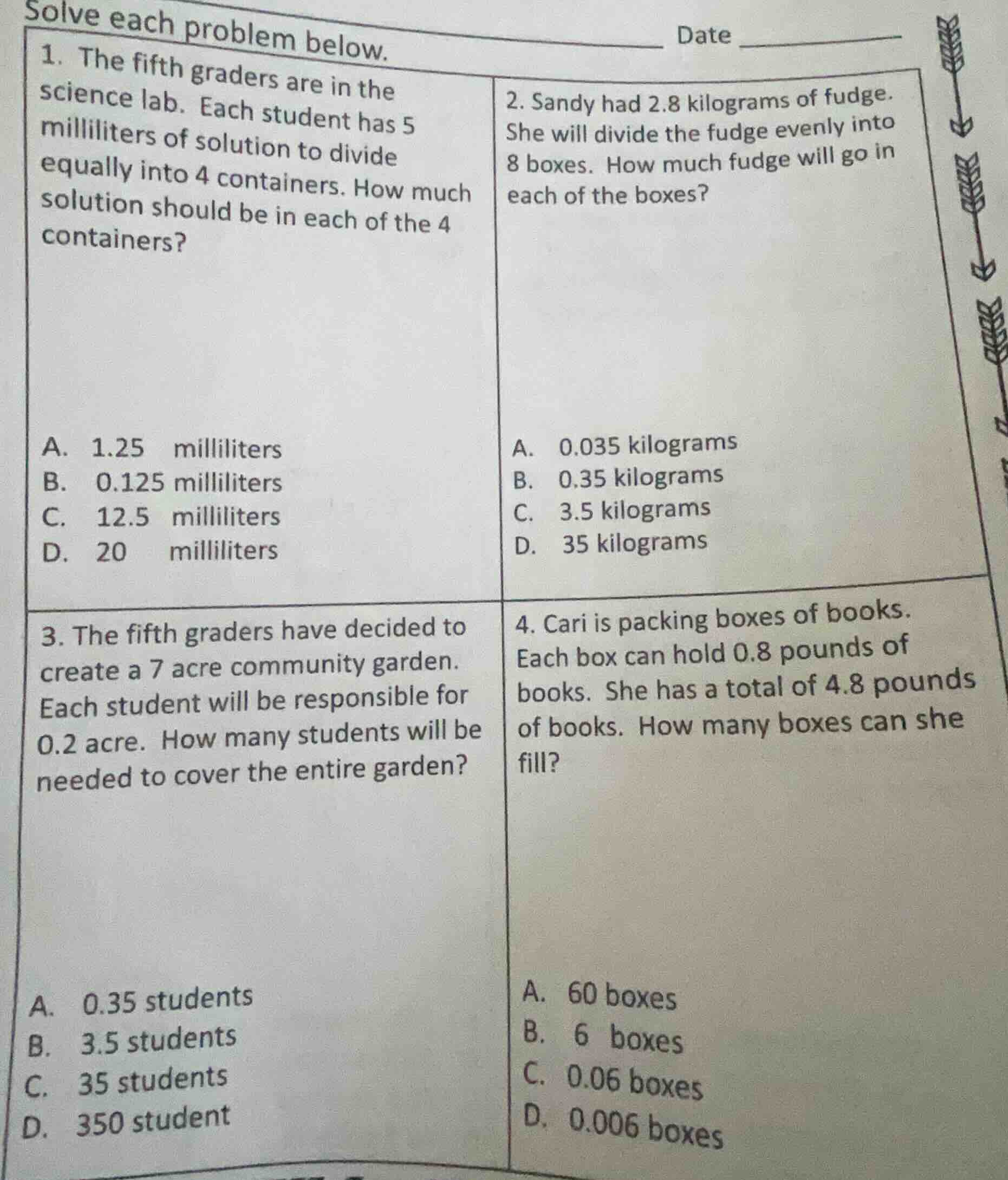 solve each problem below. date 1. the fifth graders are in the science …