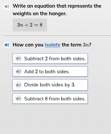write an equation that represents the weights on the hanger. 3n + 2 = 8…