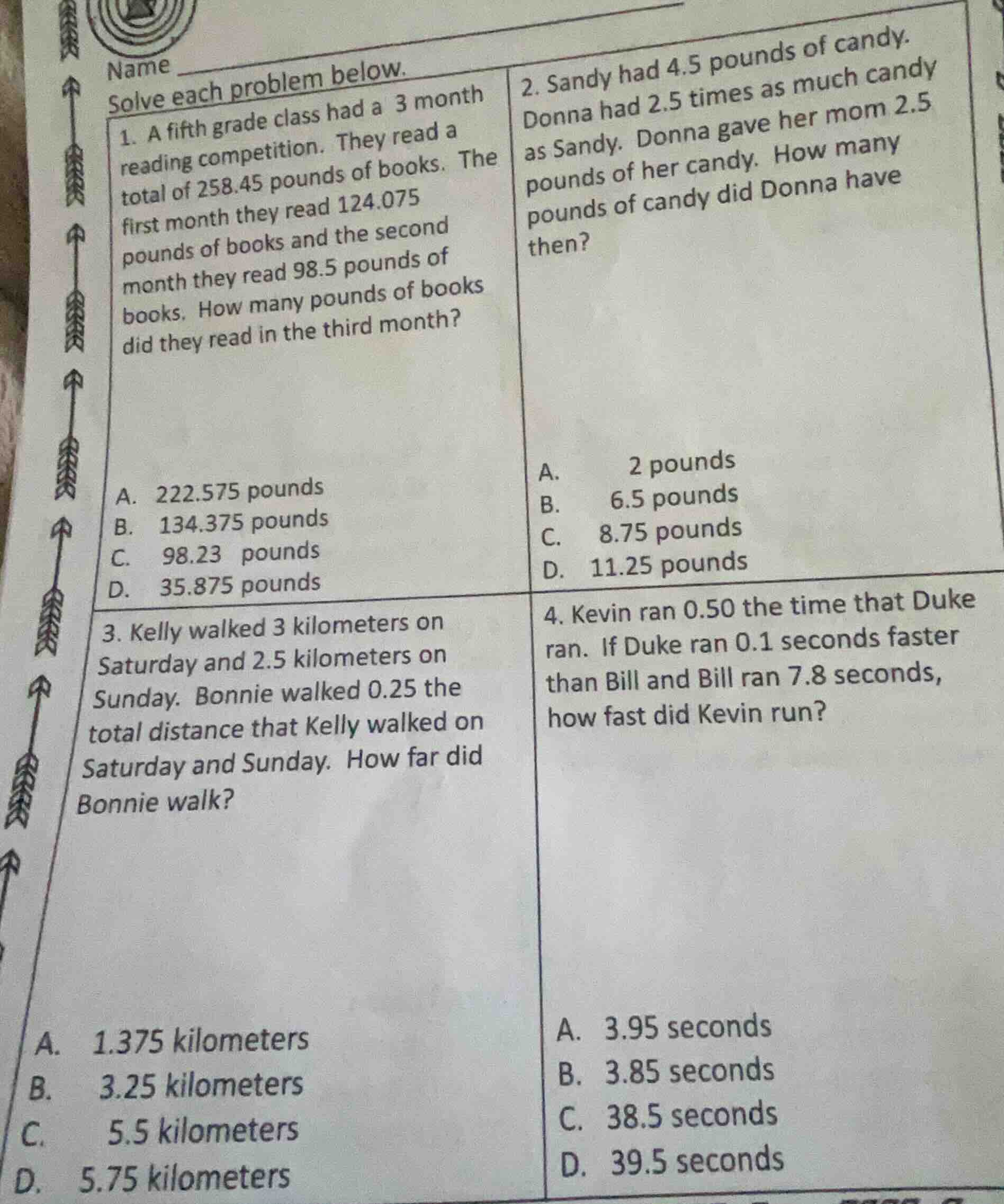 name solve each problem below. 1. a fifth grade class had a 3 month rea…