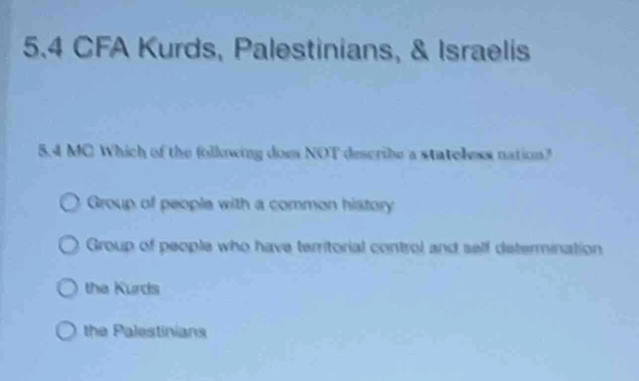 5.4 cfa kurds, palestinians, & israelis 5.4 mc which of the following d…