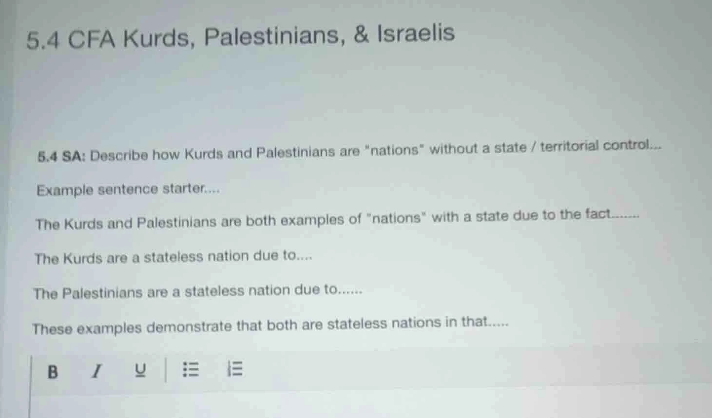 5.4 cfa kurds, palestinians, & israelis 5.4 sa: describe how kurds and …