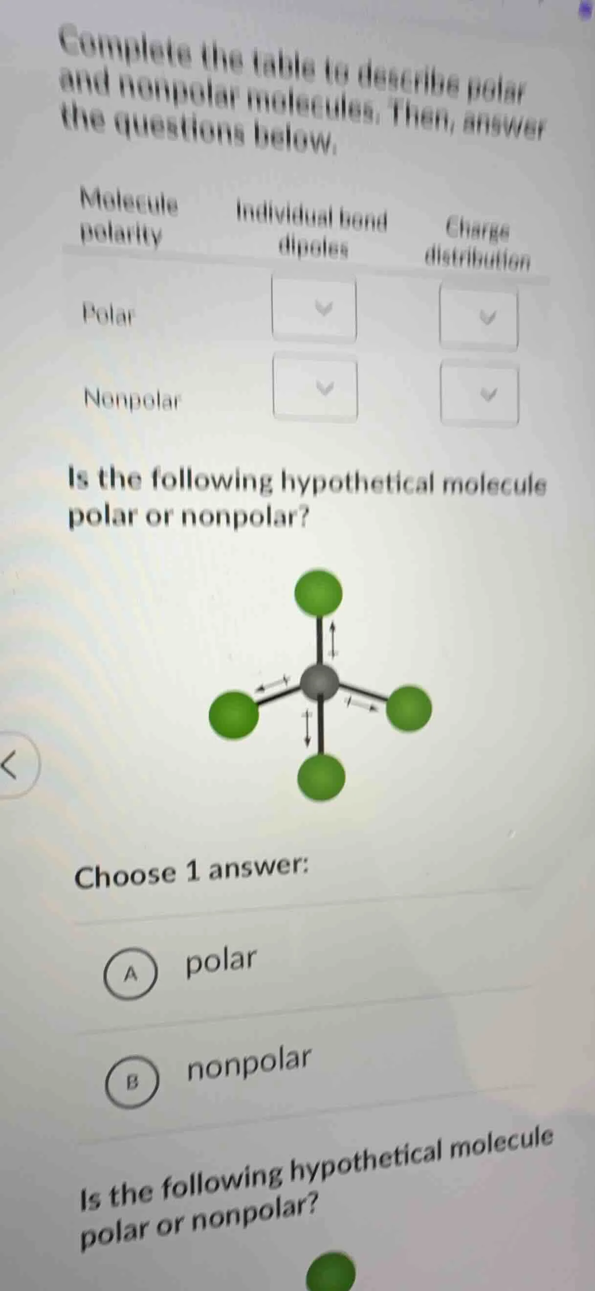 complete the table to describe polar and nonpolar molecules. then, answ…