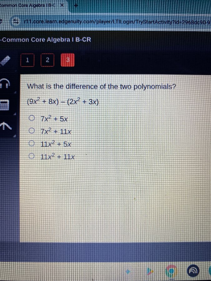 what is the difference of the two polynomials? $(9x^2 + 8x) - (2x^2 + 3…