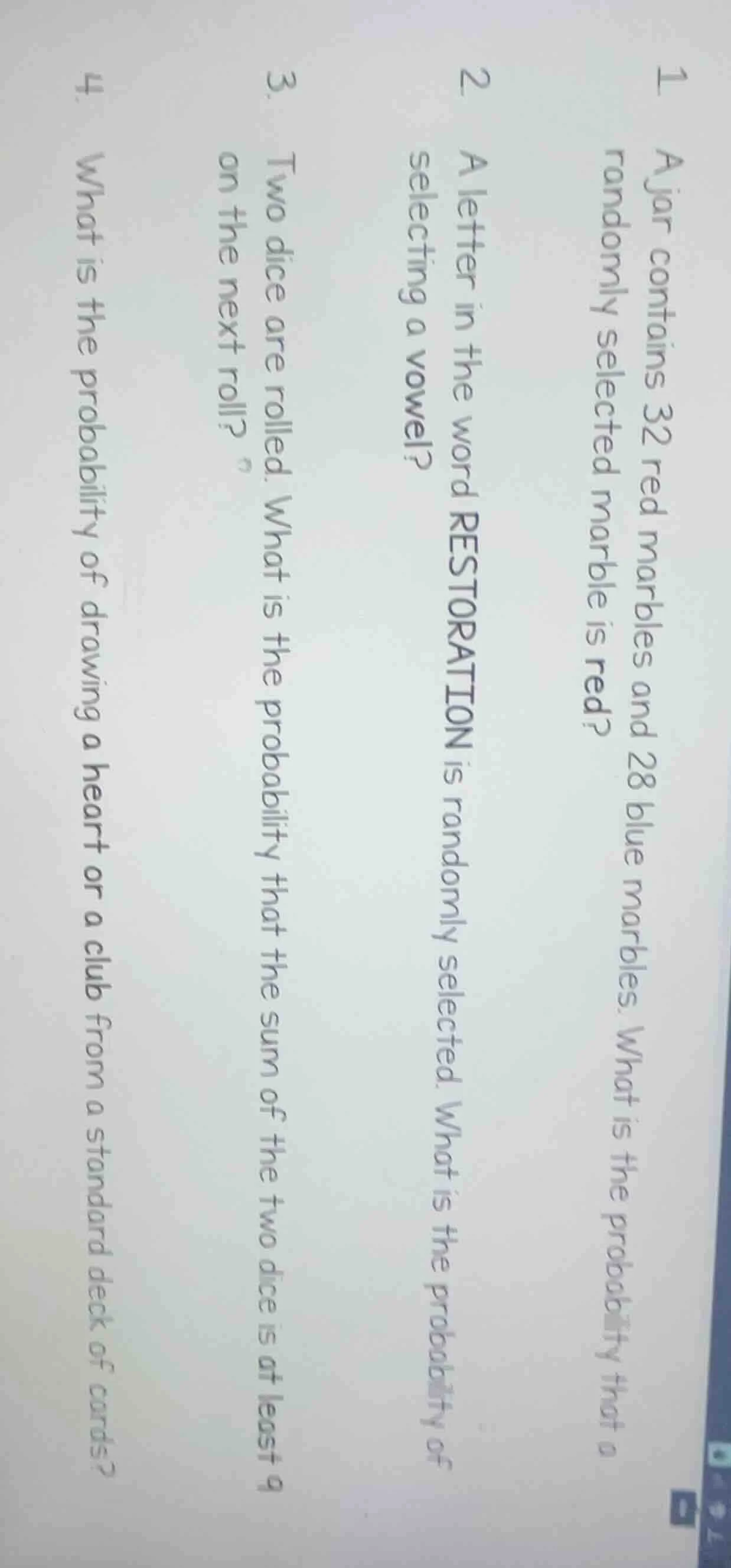 1. a jar contains 32 red marbles and 28 blue marbles. what is the proba…