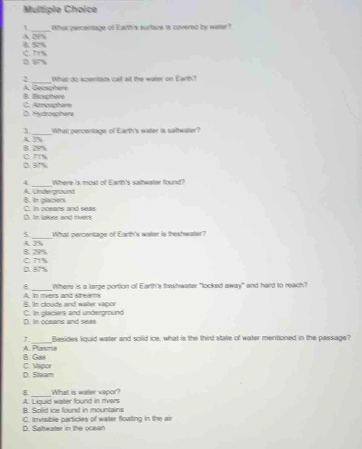 multiple choice 1. ______ what percentage of earths surface is covered …