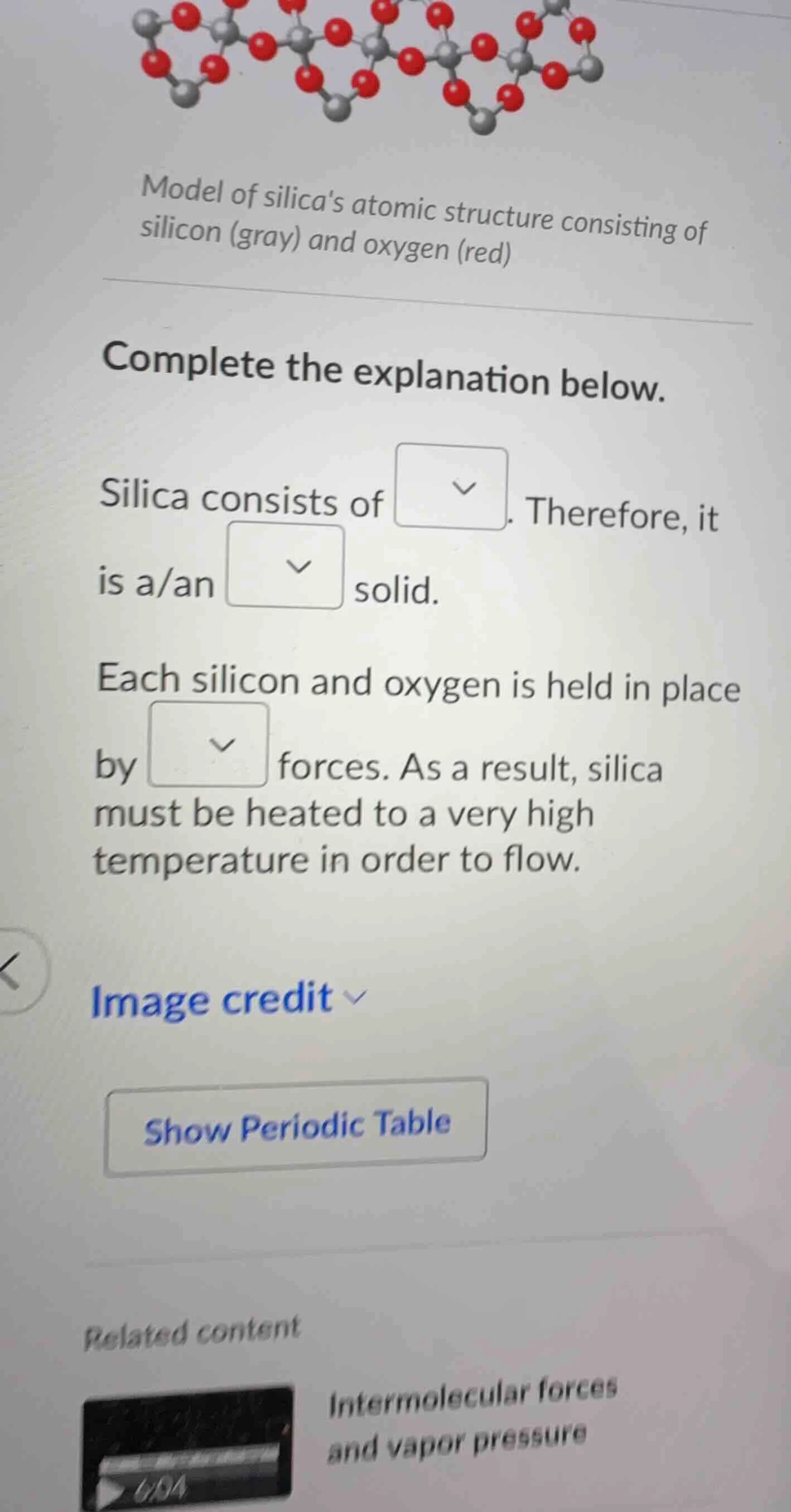 model of silicas atomic structure consisting of silicon (gray) and oxyg…