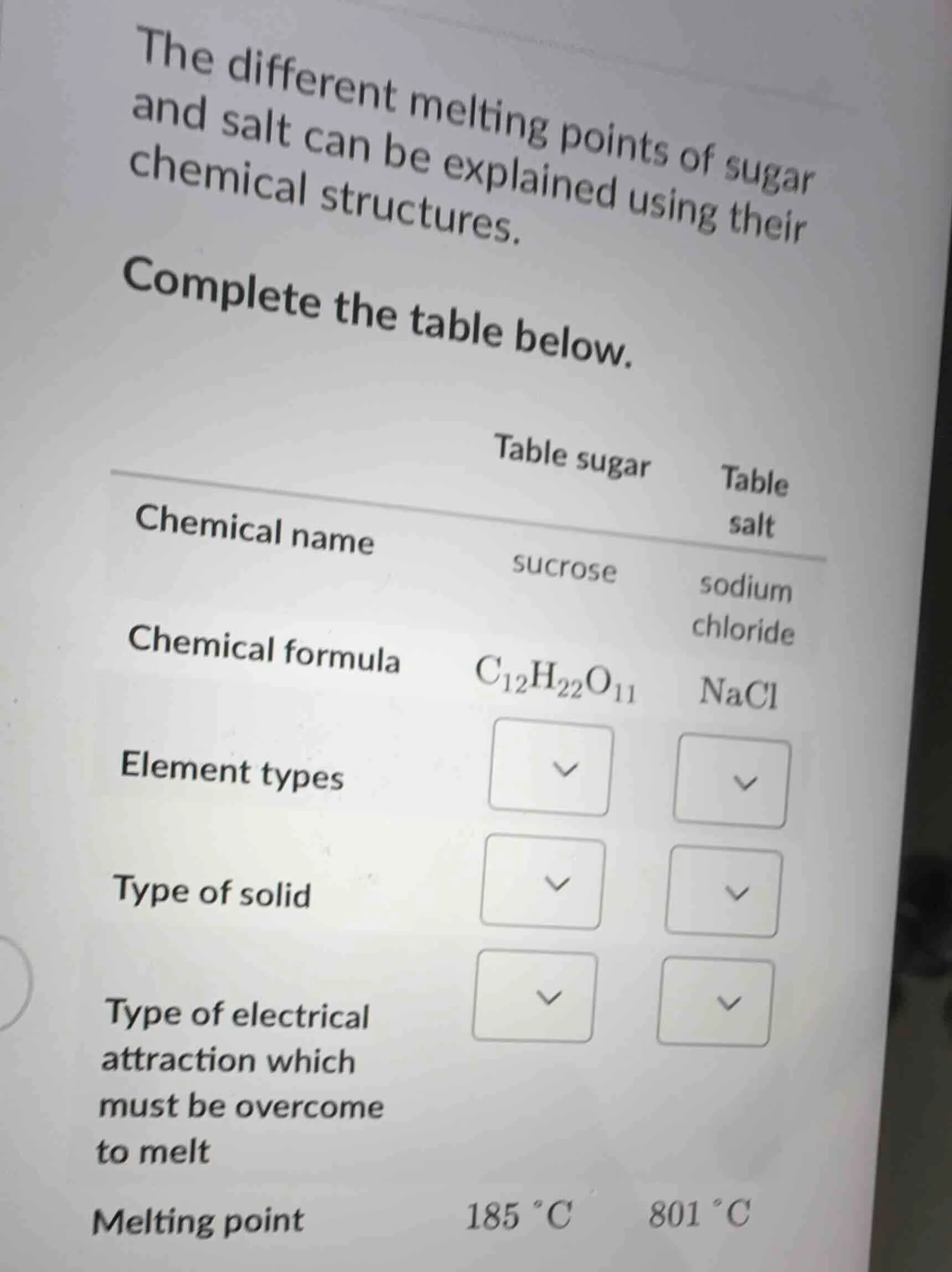 the different melting points of sugar and salt can be explained using t…