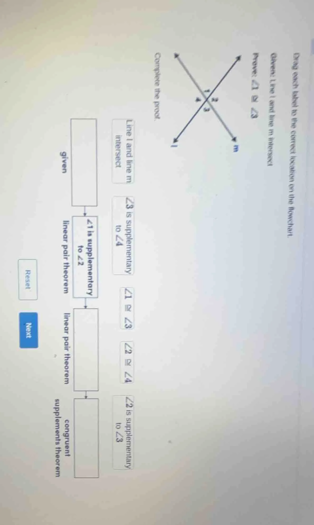 drag each label to the correct location on the flowchart. given: line l…