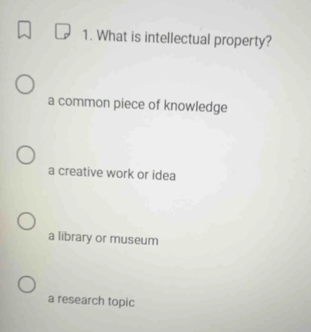 1. what is intellectual property? a common piece of knowledge a creativ…