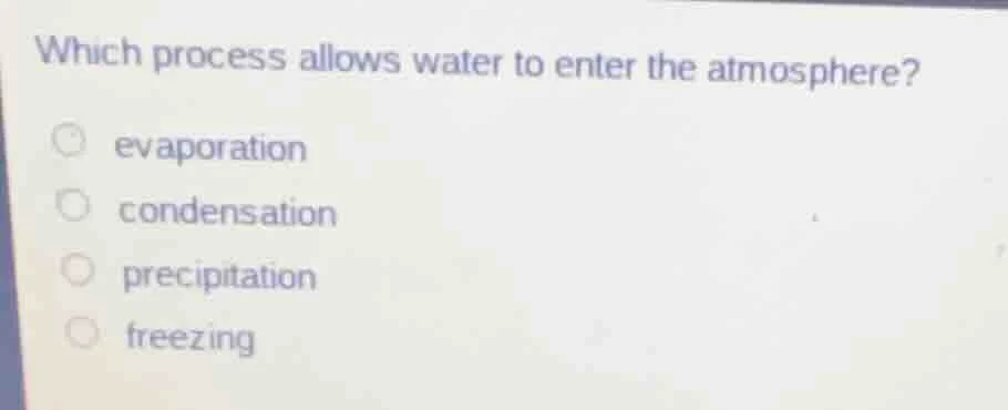 which process allows water to enter the atmosphere? evaporation condens…