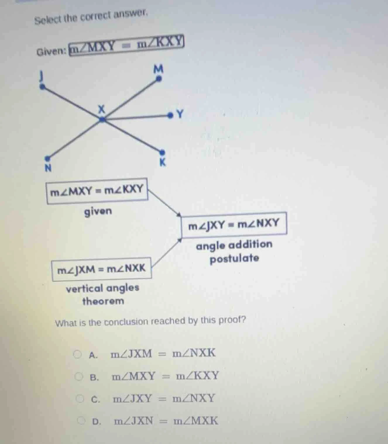 select the correct answer. given: ( mangle mxy = mangle kxy ) what is t…