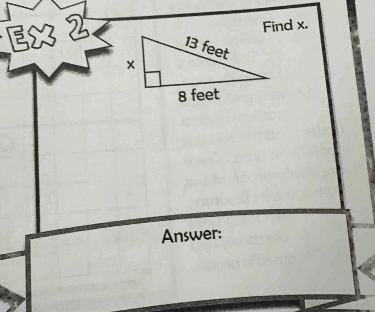 ex 2 find x. a right triangle with one leg labeled x, the other leg lab…