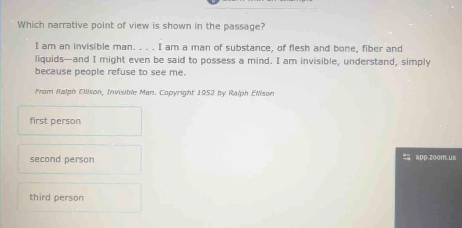 which narrative point of view is shown in the passage? i am an invisibl…