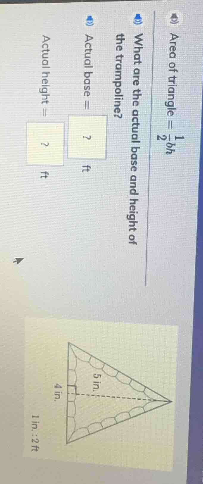 area of triangle = \\(\\frac{1}{2}bh\\)\ what are the actual base and h…