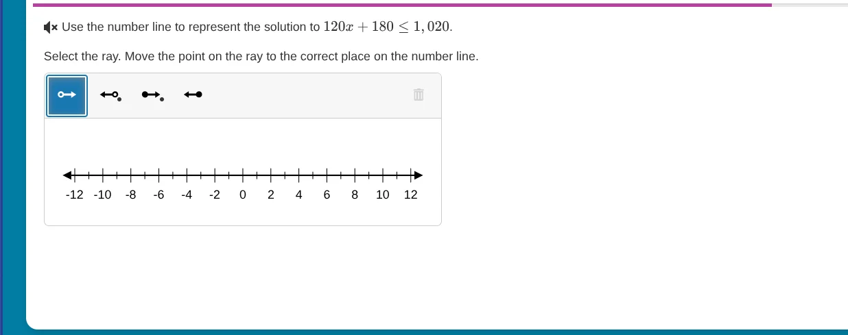 use the number line to represent the solution to $120x + 180 \\leq 1,02…