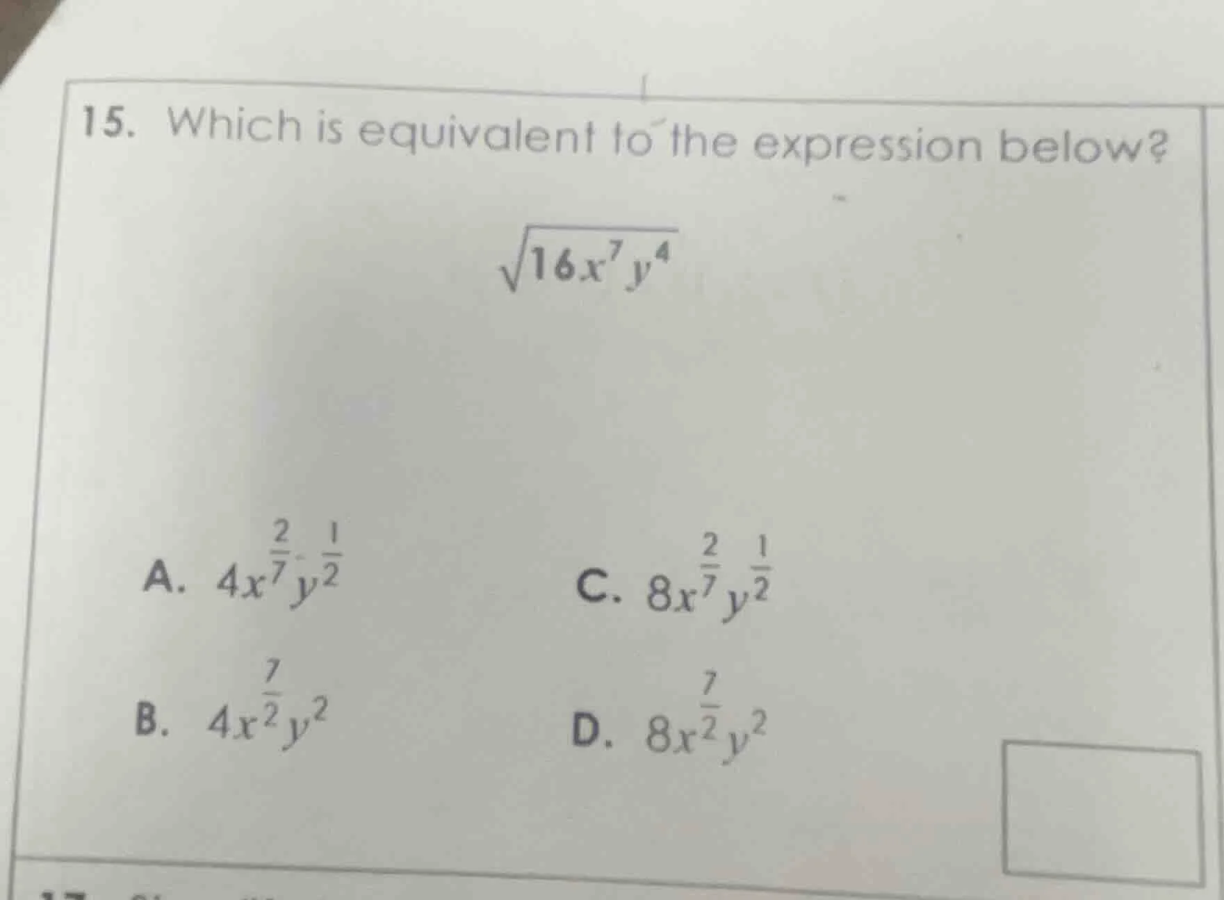 15. which is equivalent to the expression below? \\sqrt{16x^{7}y^{4}} a…