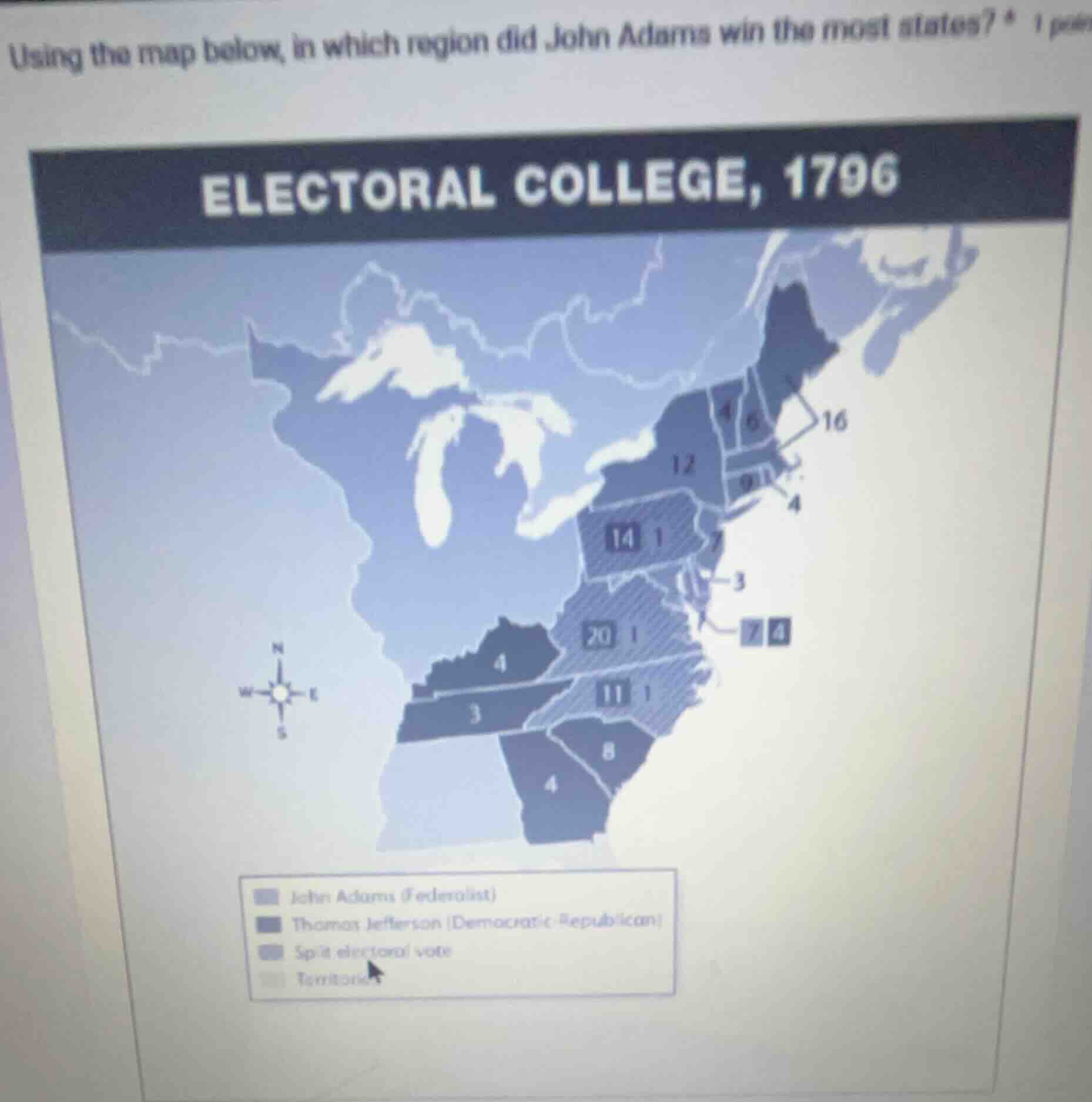 using the map below, in which region did john adams win the most states…