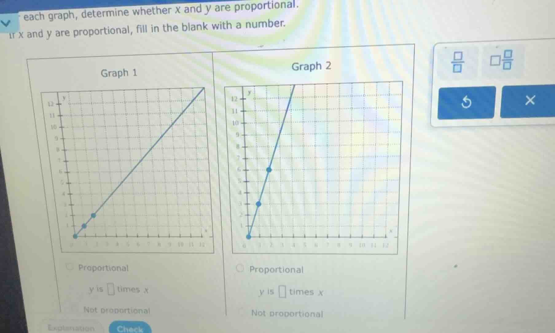 each graph, determine whether x and y are proportional. if x and y are …