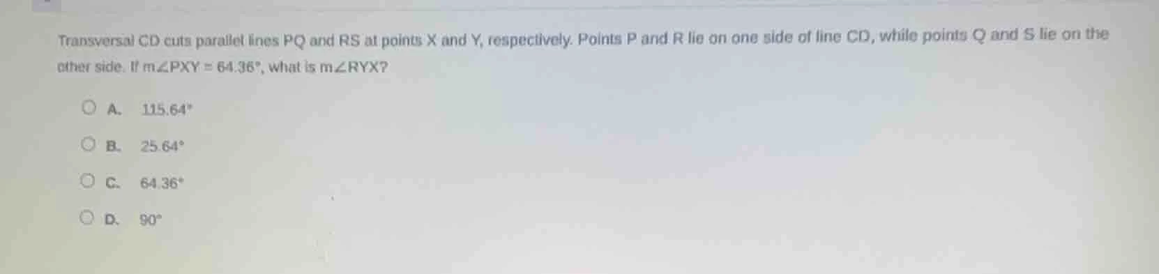 transversal cd cuts parallel lines pq and rs at points x and y, respect…