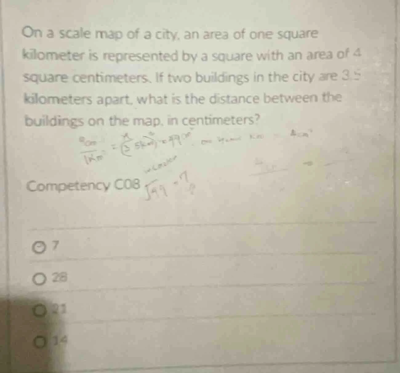 on a scale map of a city, an area of one square kilometer is represente…
