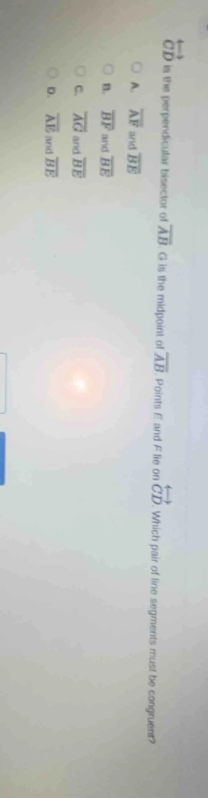 cd is the perpendicular bisector of ab. g is the midpoint of ab. points…