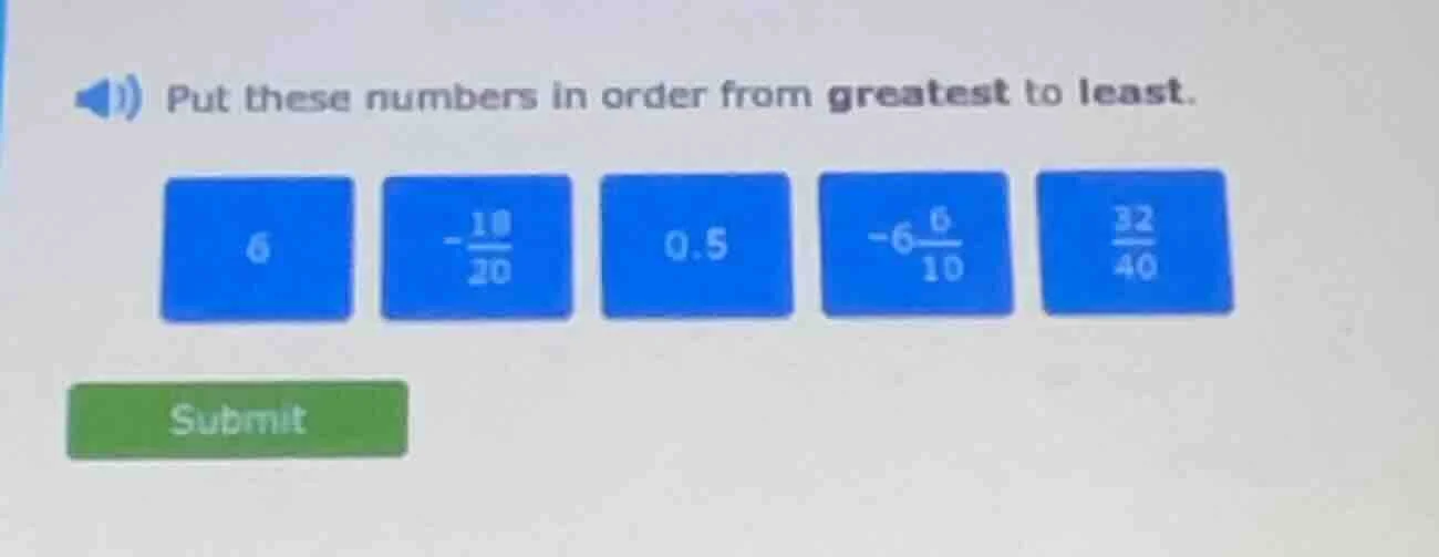put these numbers in order from greatest to least. 6, $-\frac{10}{20}$,…