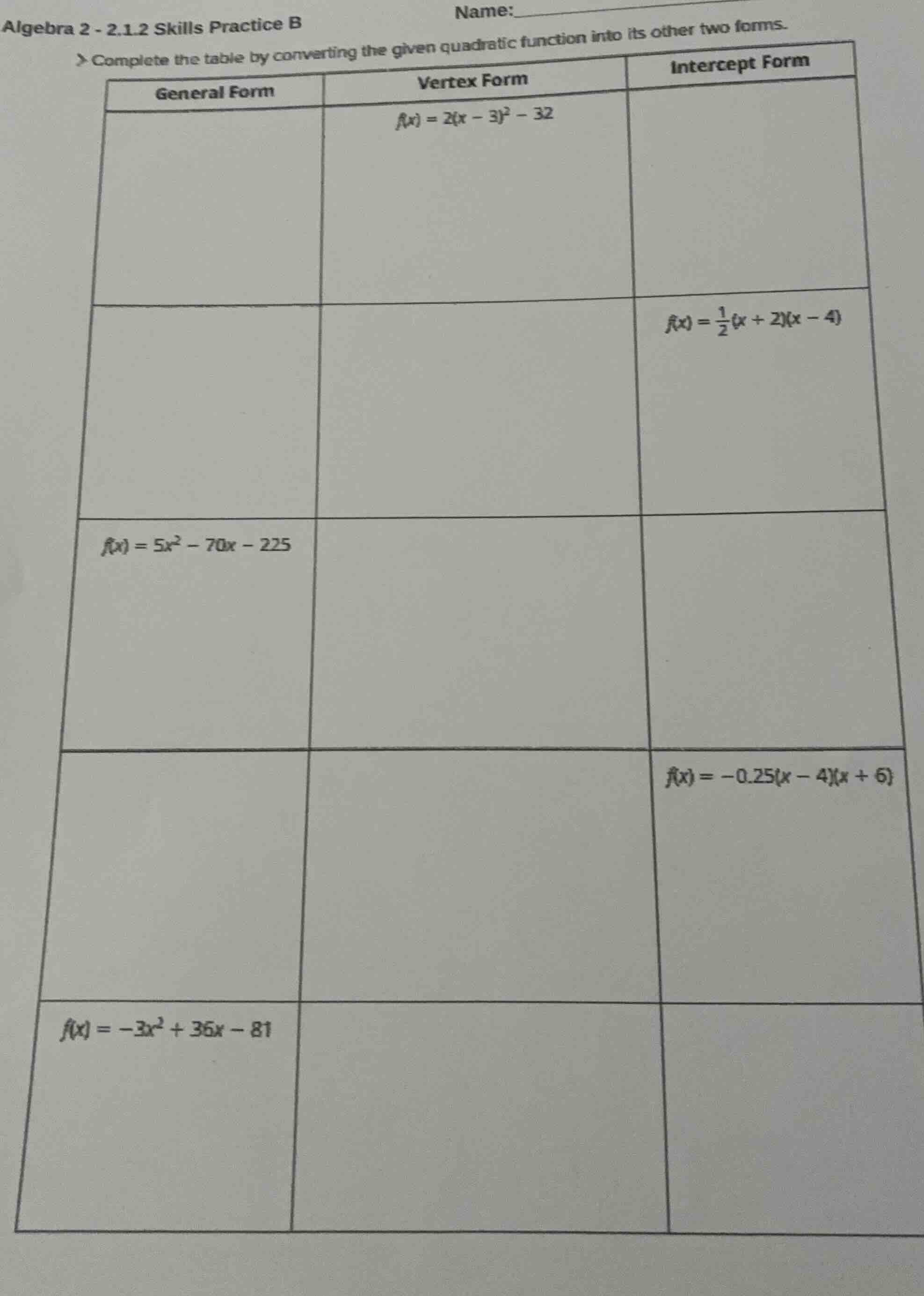 algebra 2 - 2.1.2 skills practice b name: complete the table by convert…