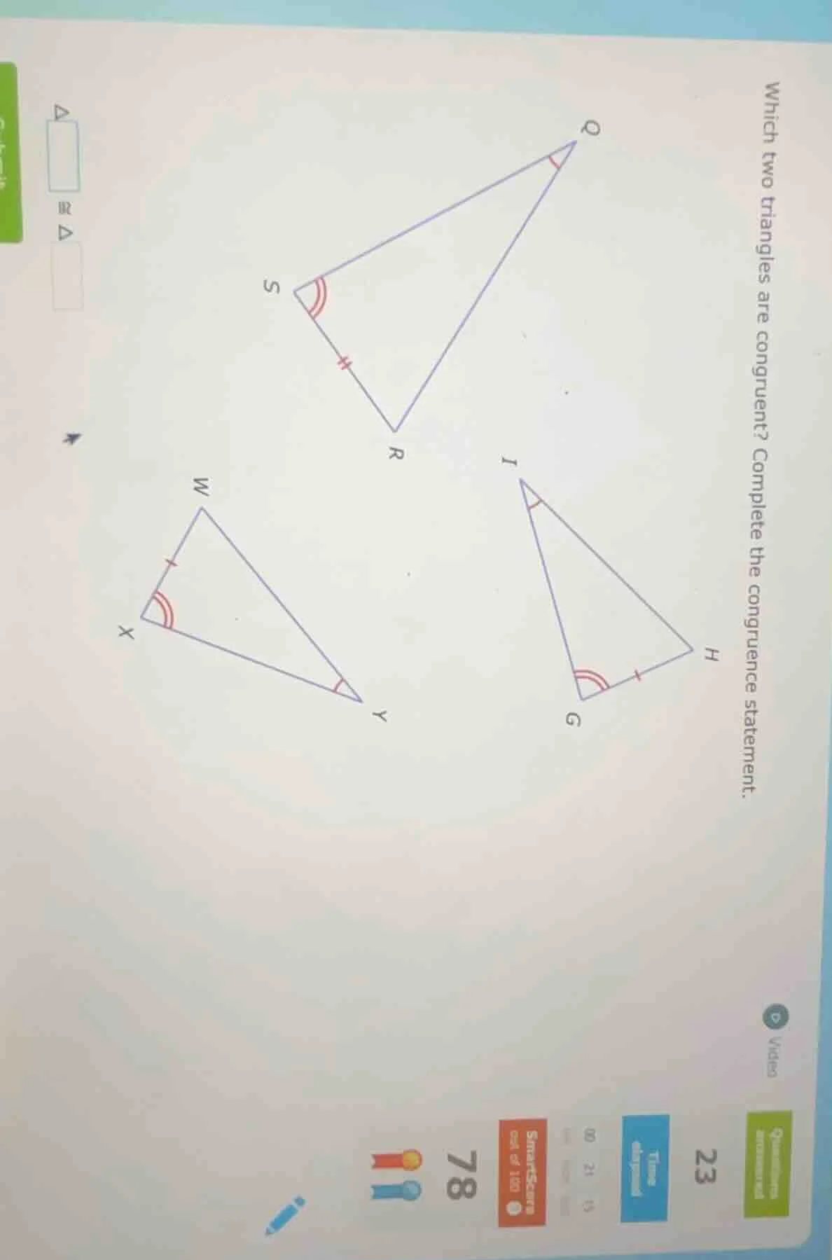 which two triangles are congruent? complete the congruence statement.