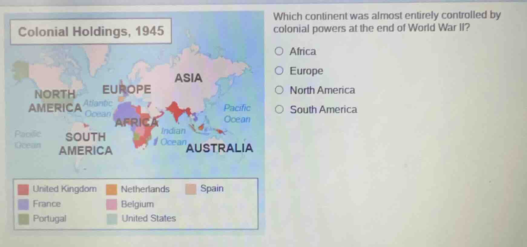 colonial holdings, 1945 which continent was almost entirely controlled …