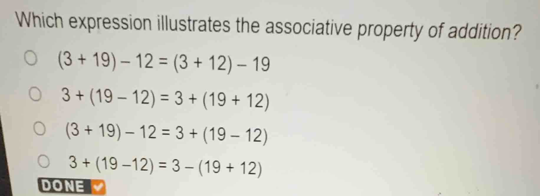 which expression illustrates the associative property of addition? (3 +…